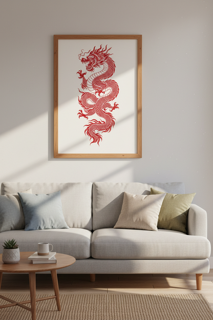 Chinese Dragon Wall Art | Red Mythology Illustration, Minimalist Living Room Decor