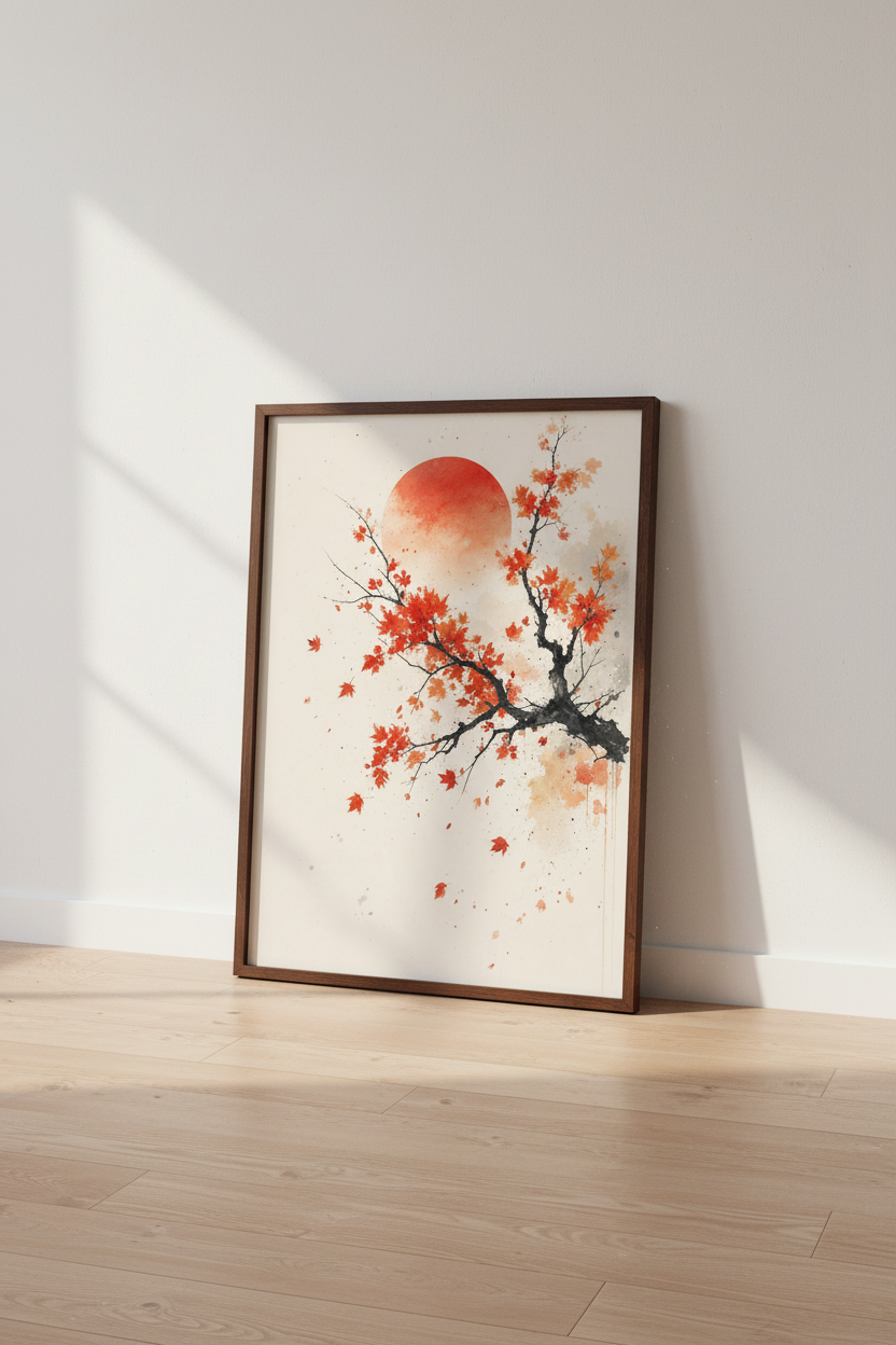 Japanese Sun &amp; Maple Wall Art | Red Watercolor Nature Print | Zen Minimalist Poster