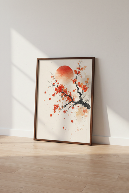 Japanese Sun &amp; Maple Wall Art | Red Watercolor Nature Print | Zen Minimalist Poster
