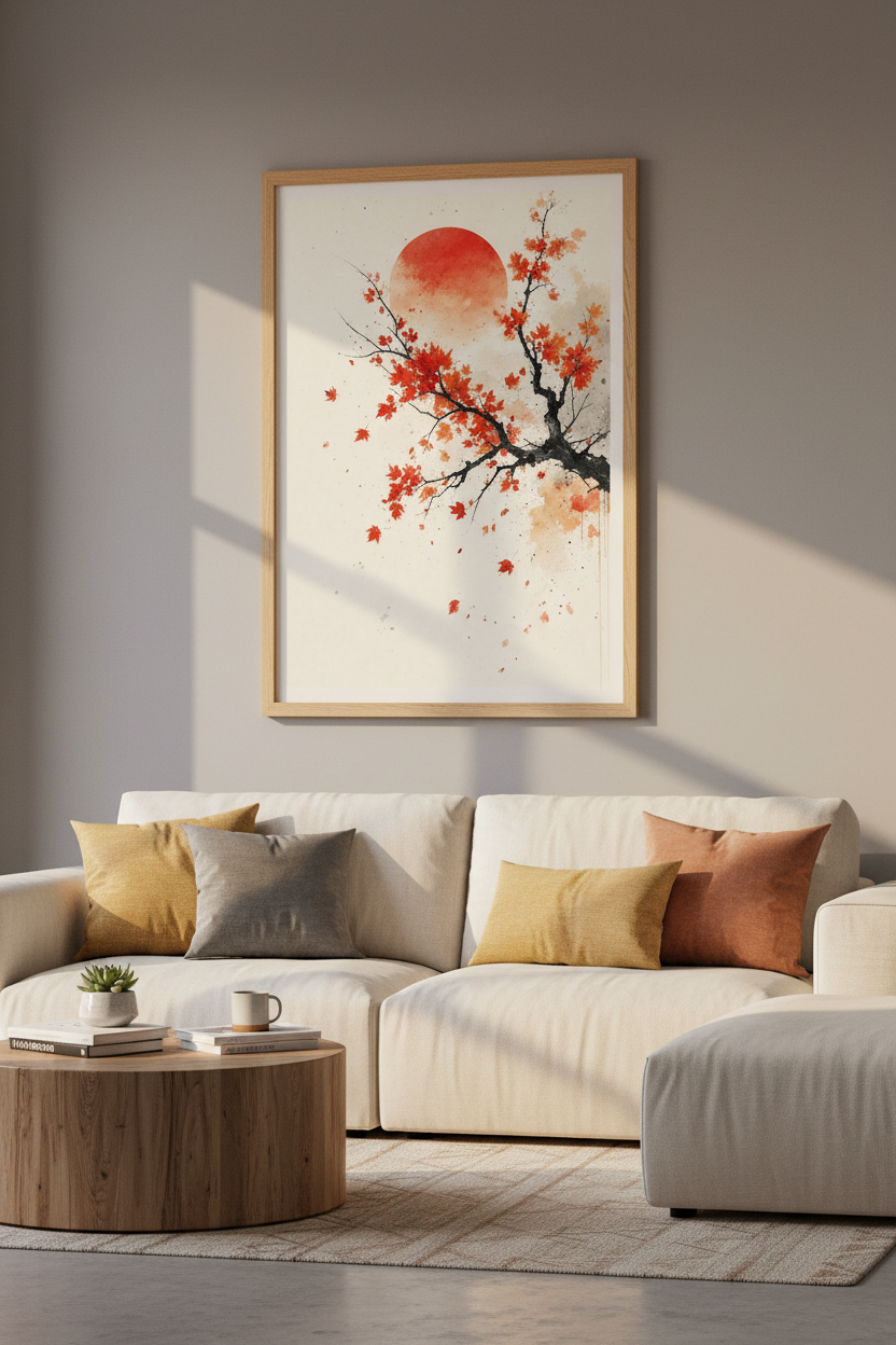 Japanese Sun &amp; Maple Wall Art | Red Watercolor Nature Print | Zen Minimalist Poster