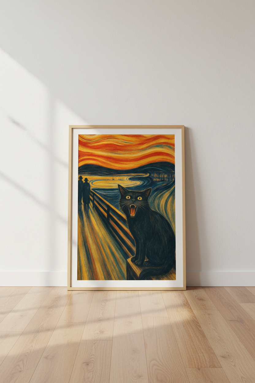 Black Cat The Scream Parody Wall Art | Funny Expressionist Poster, Cat Lover Gift