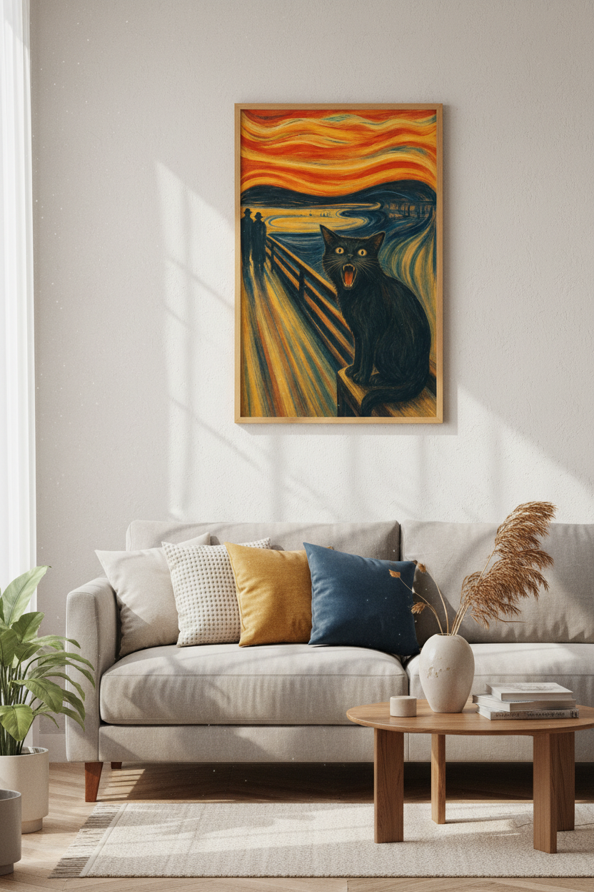 Black Cat The Scream Parody Wall Art | Funny Expressionist Poster, Cat Lover Gift