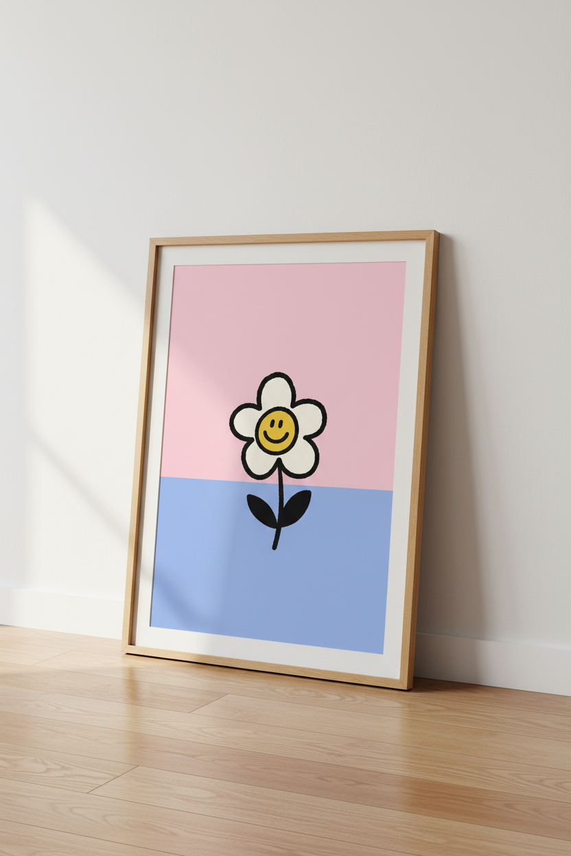 Smiley Flower Wall Art | Pink and Blue Retro Daisy Poster | Preppy Nursery Decor