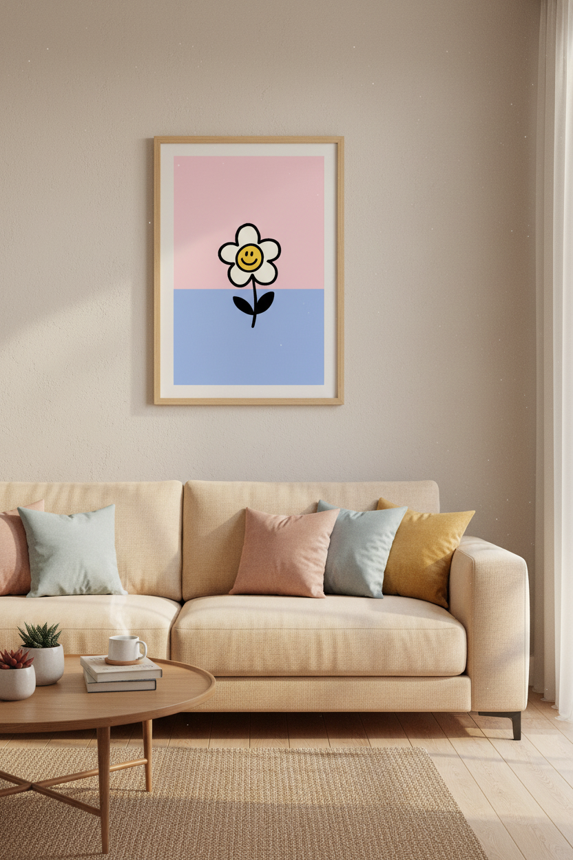 Smiley Flower Wall Art | Pink and Blue Retro Daisy Poster | Preppy Nursery Decor