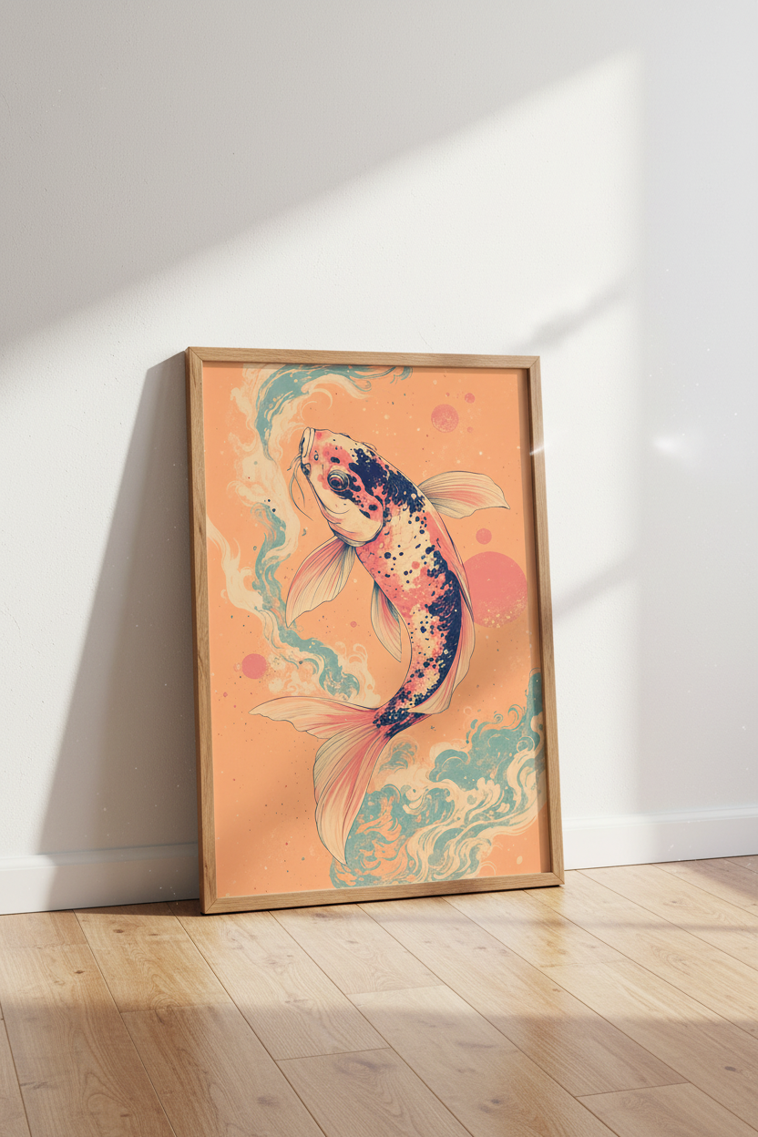 Japanese Koi Fish Wall Art | Peach &amp; Teal Illustration, Zen Home Decor Poster