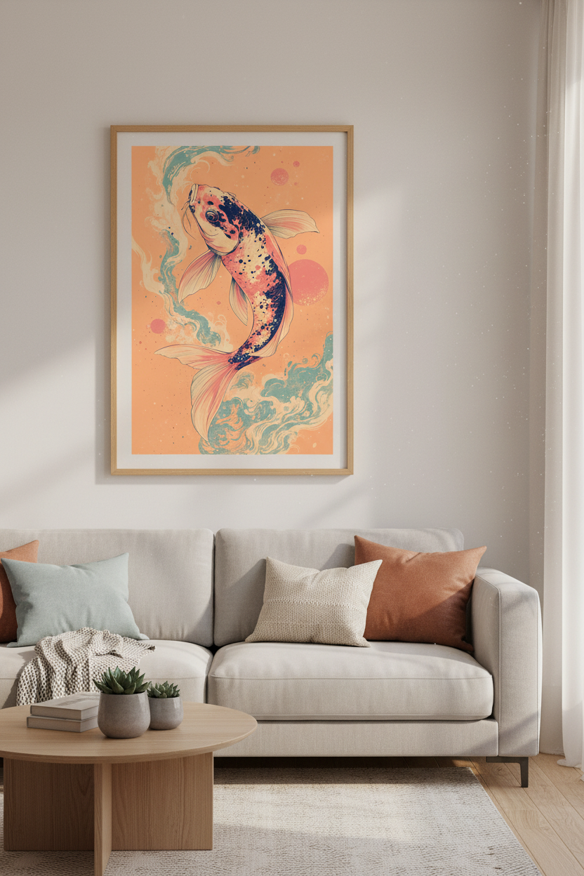 Japanese Koi Fish Wall Art | Peach &amp; Teal Illustration, Zen Home Decor Poster
