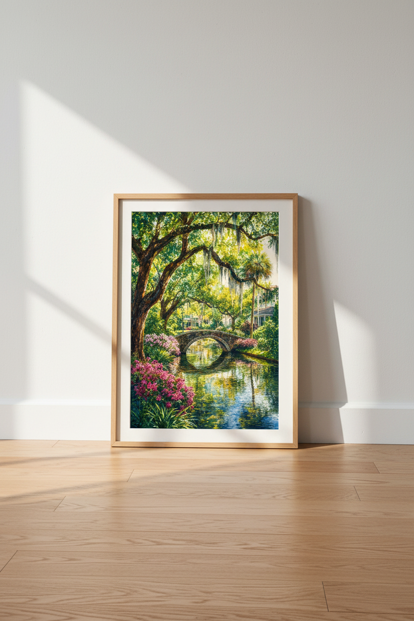 Watercolor Garden Bridge Wall Art | Southern Landscape Print, Living Room Decor