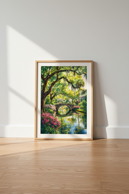 Watercolor Garden Bridge Wall Art | Southern Landscape Print, Living Room Decor