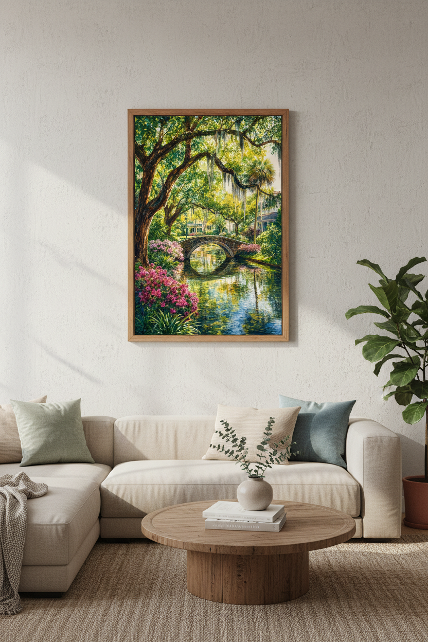 Watercolor Garden Bridge Wall Art | Southern Landscape Print, Living Room Decor