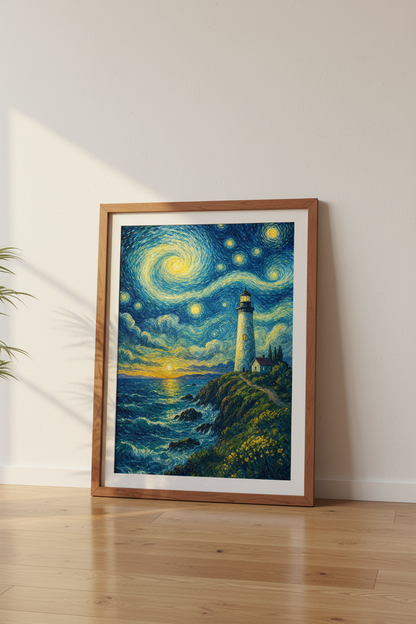 Lighthouse Starry Night Wall Art | Coastal Sunset Decor | Impressionist Poster