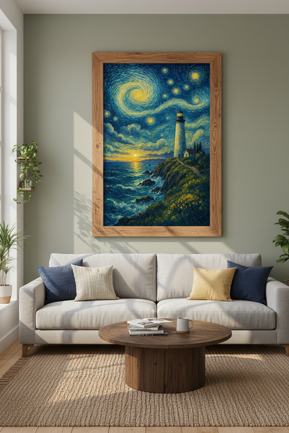Lighthouse Starry Night Wall Art | Coastal Sunset Decor | Impressionist Poster