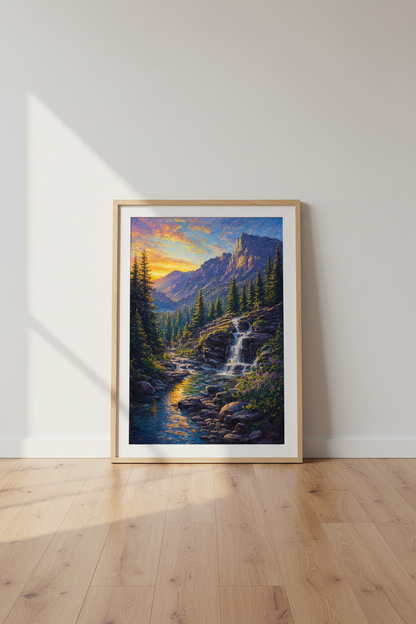 Mountain Waterfall Landscape Art | Sunset Forest Oil Painting, Cabin Decor