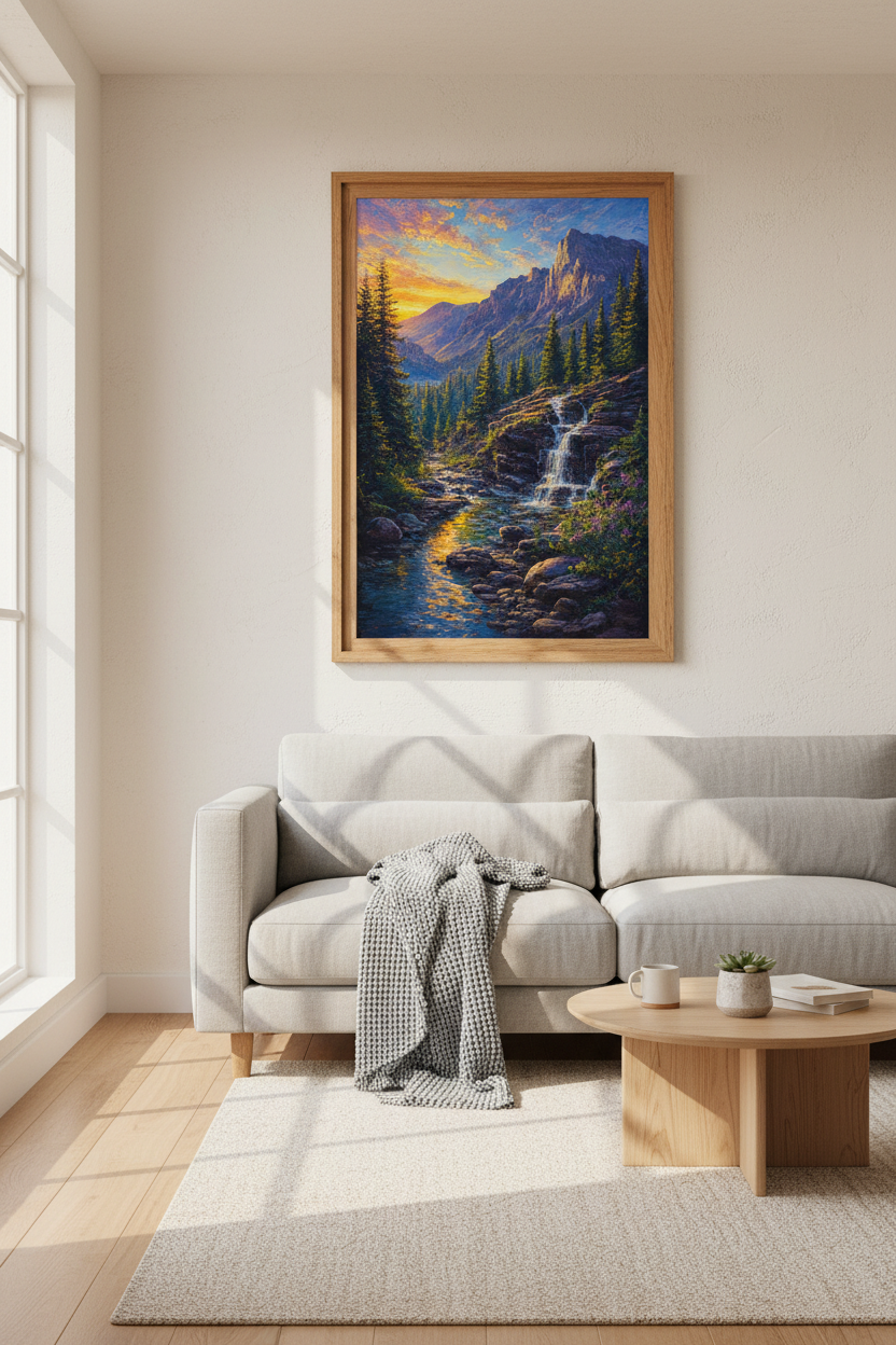 Mountain Waterfall Landscape Art | Sunset Forest Oil Painting, Cabin Decor