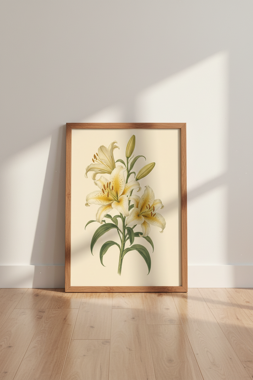 Vintage Lily Botanical Wall Art | Cream &amp; Yellow Floral Print | Cottagecore Decor