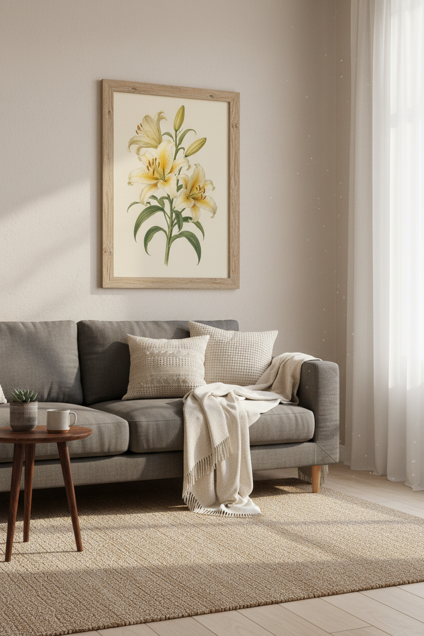 Vintage Lily Botanical Wall Art | Cream &amp; Yellow Floral Print | Cottagecore Decor