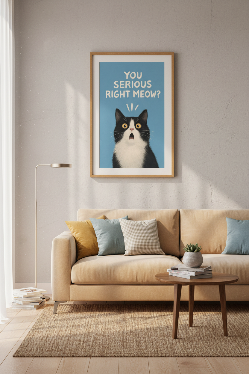 Funny Tuxedo Cat Wall Art Print | You Serious Right Meow? Poster, Office Decor