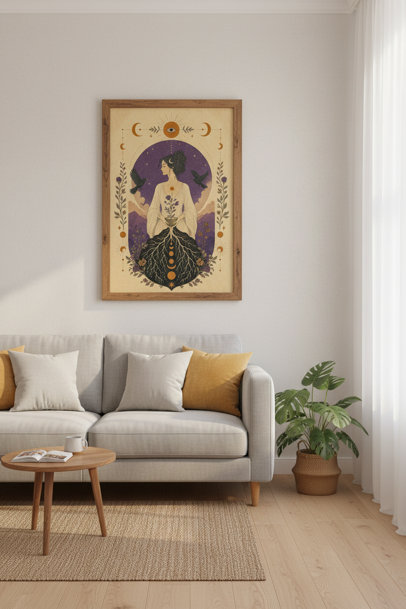 Celestial Goddess Wall Art | Mystical Moon &amp; Raven Art Print | Dark Academia Decor