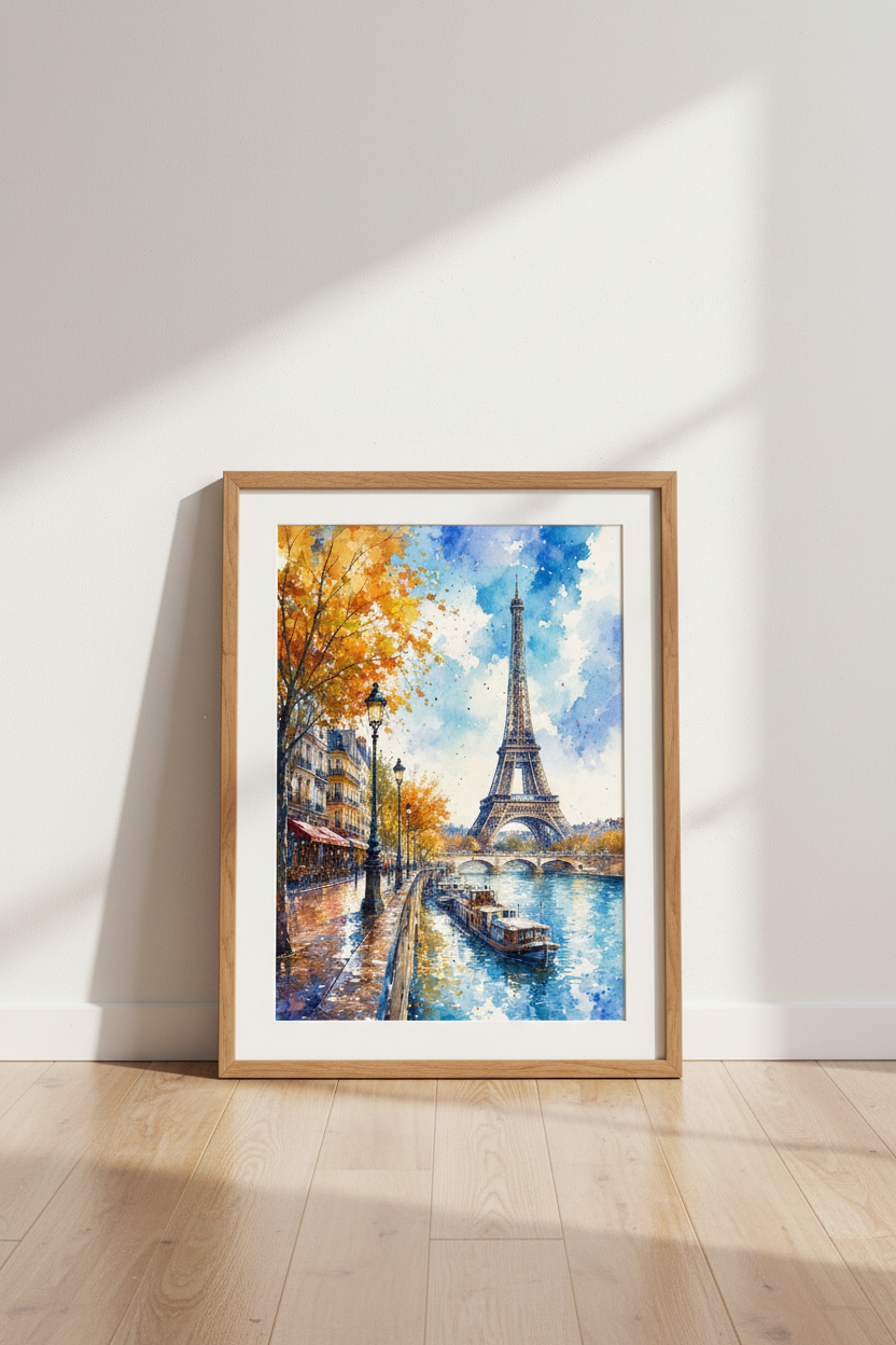 Eiffel Tower Paris Watercolor Wall Art | Autumn Seine Poster, Living Room Decor