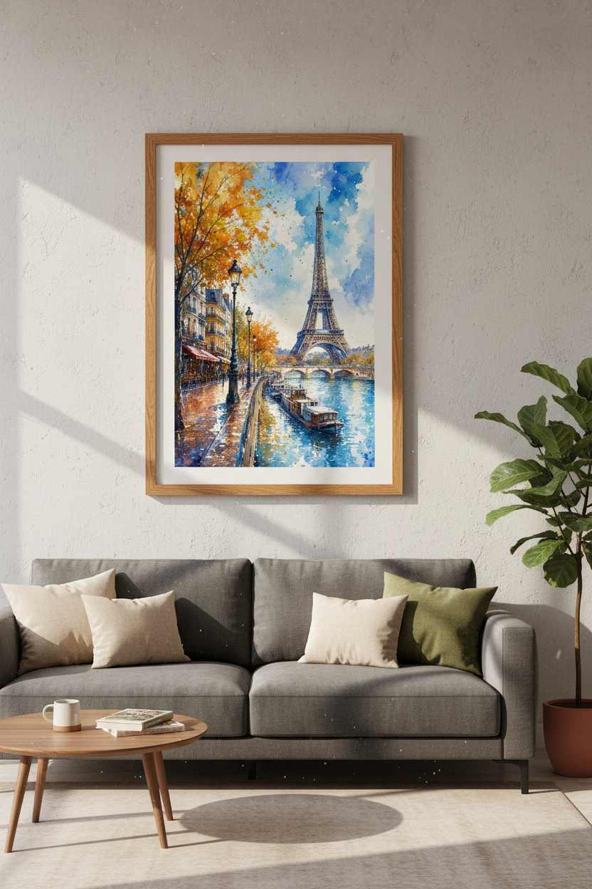 Eiffel Tower Paris Watercolor Wall Art | Autumn Seine Poster, Living Room Decor
