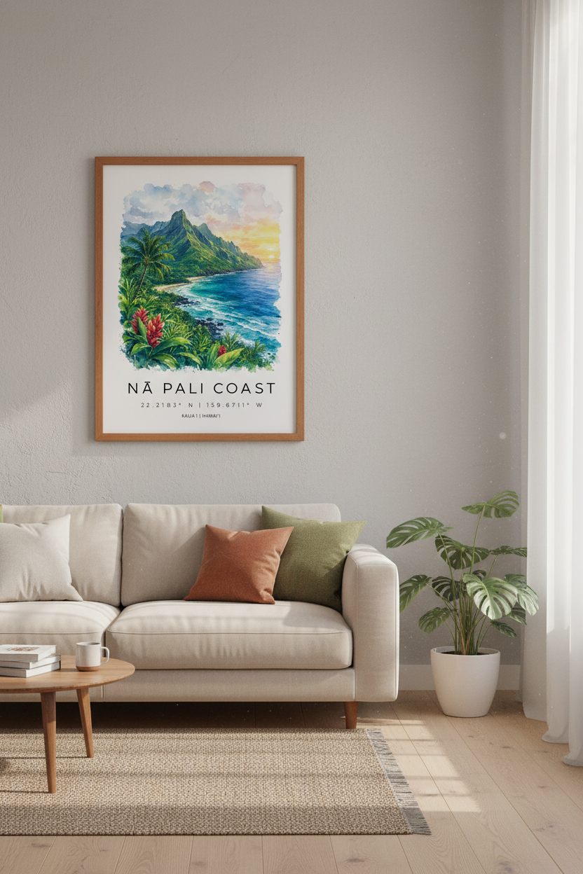 Na Pali Coast Hawaii Watercolor Art | Tropical Beach Decor, Kauai Landscape Print