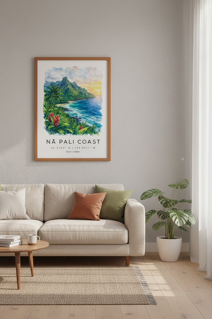 Na Pali Coast Hawaii Watercolor Art | Tropical Beach Decor, Kauai Landscape Print