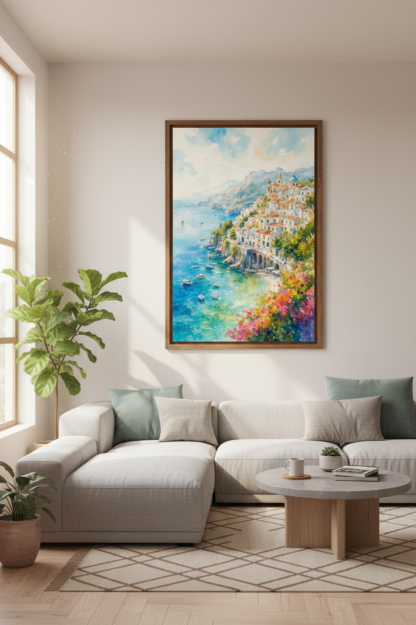 Amalfi Coast Watercolor Art | Italian Coastal Landscape | Mediterranean Poster Decor
