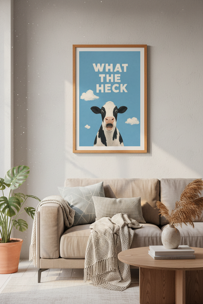 Funny Cow Wall Art Print | Blue Modern Farmhouse Decor | Surprised Animal Poster