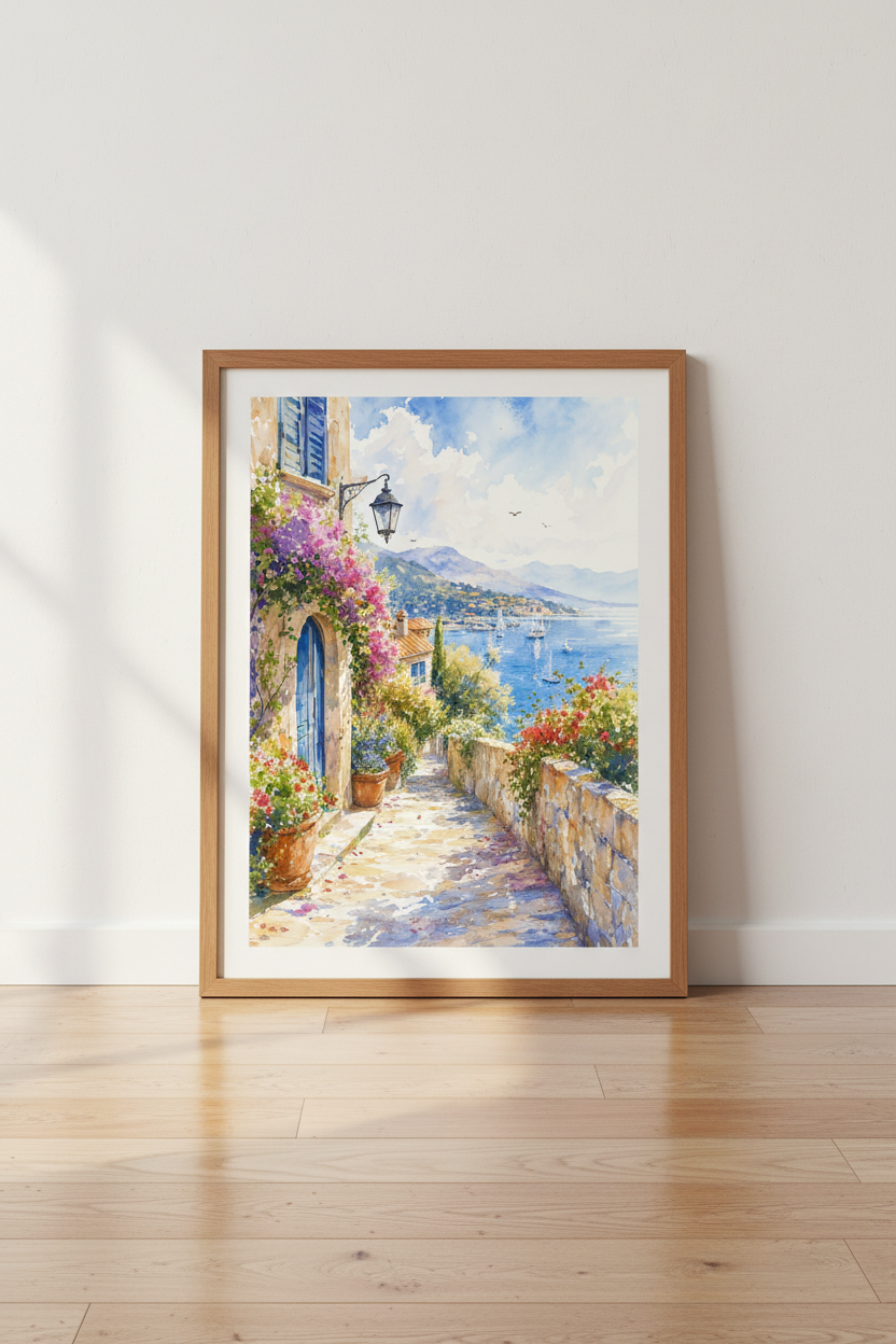 Mediterranean Coastal Watercolor Art | Italian Alleyway Decor | Sun-Drenched Travel Poster