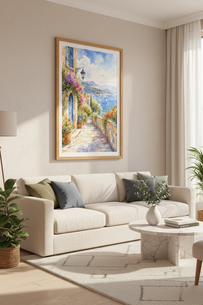 Mediterranean Coastal Watercolor Art | Italian Alleyway Decor | Sun-Drenched Travel Poster