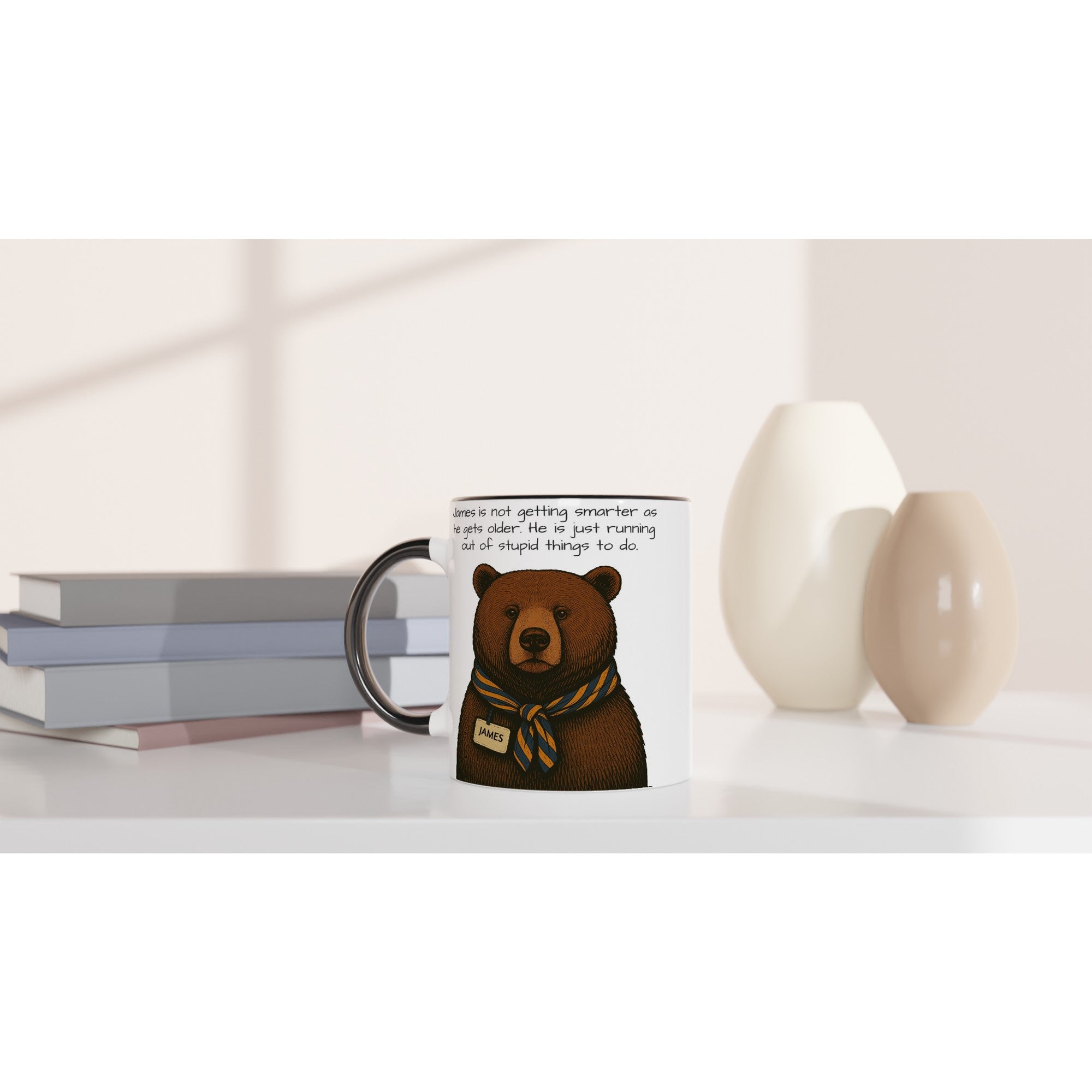 Wise Bear Mug – Vintage Bear Illustration with Scarf – Custom Bear Tag – Funny 11oz Coffee Mug – Gift for Him – Quirky Animal Lover Gift
