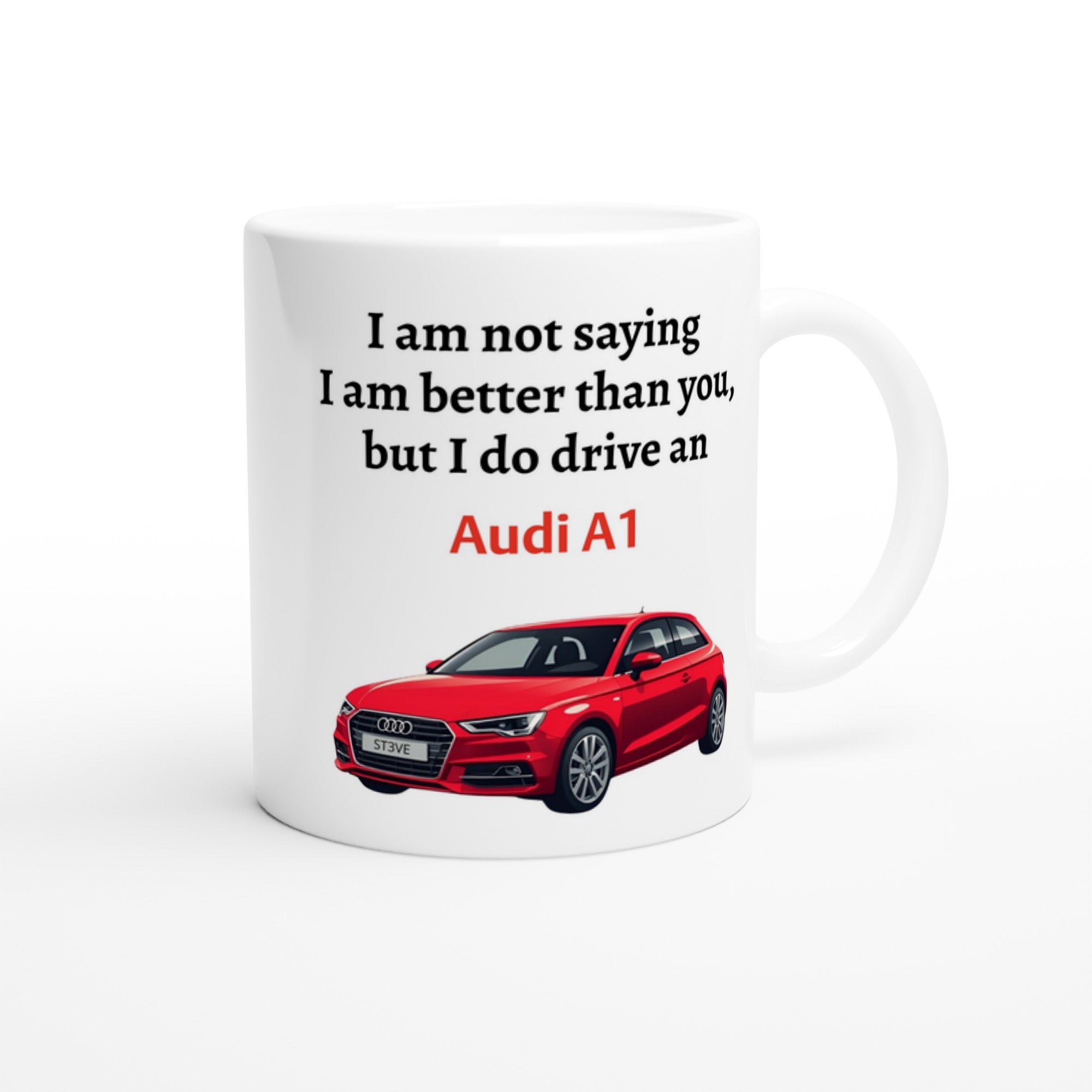 Personalized Audi A1 Mug - Custom Ceramic Coffee Cup for Car Lovers - 11oz Dishwasher Safe Ceramic White