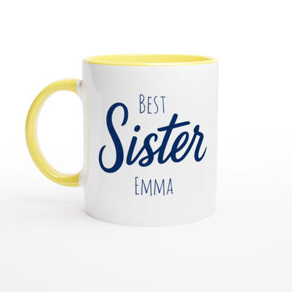 Sister Mug - Blue Brush Script Mug with Heart – Elegant Blue Calligraphy 11oz Coffee Cup – Gift for Sister, Birthday or Everyday Surprise