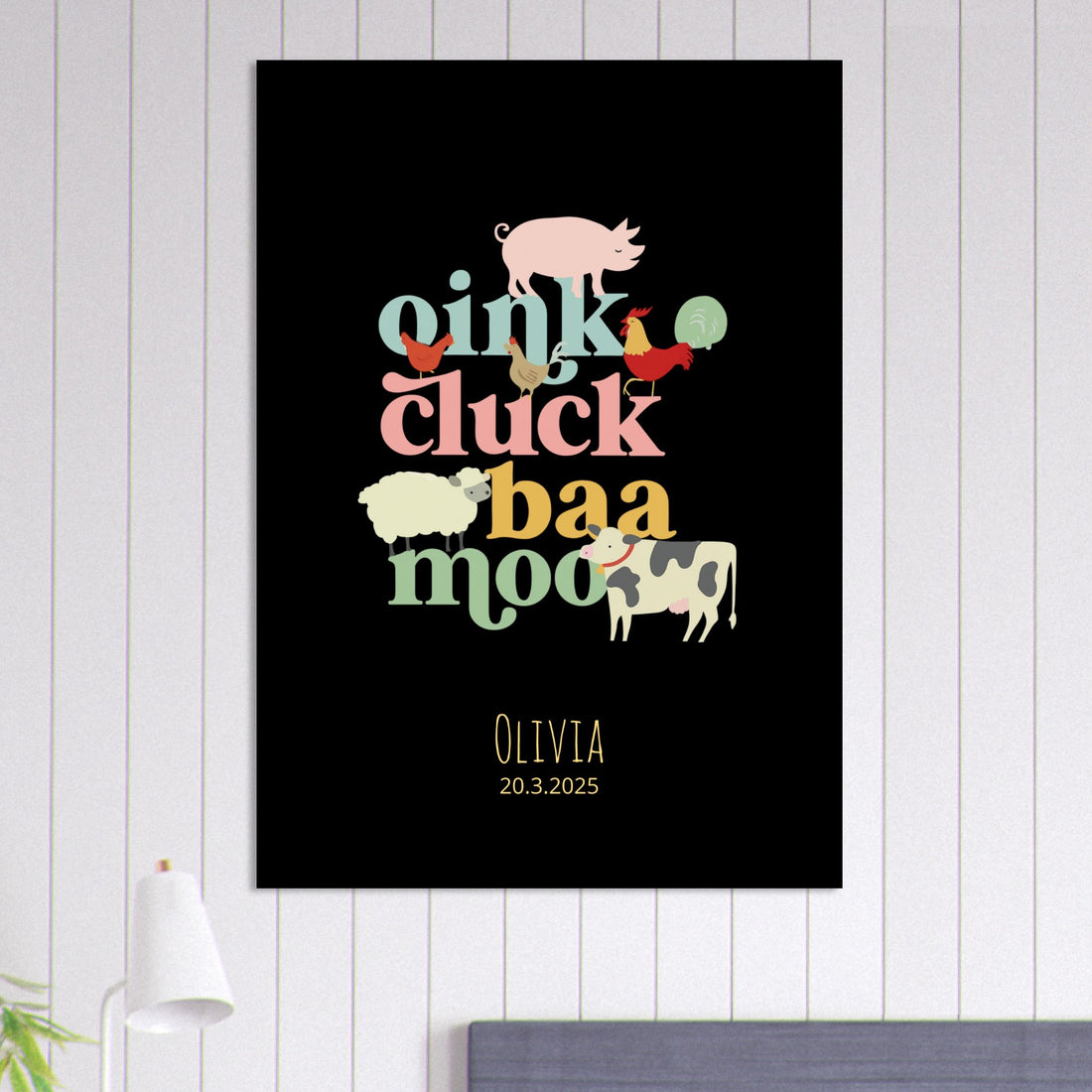 Oink Cluck Baa Moo Personalized Farm Print - Cute Nursery Wall Art Poster - Black A0 (84.1 x 118.9 cm)