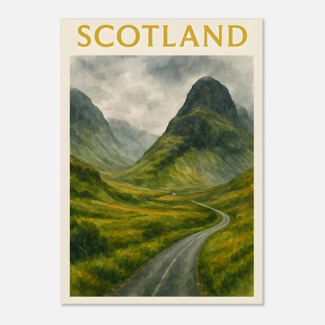 Glencoe Scotland Travel Poster - Watercolor Landscape Print, Misty Highland Wall Art, Scottish Mountain Valley Decor,A1 A2 A3 A4 A1 (59.4 x 84.1 cm)