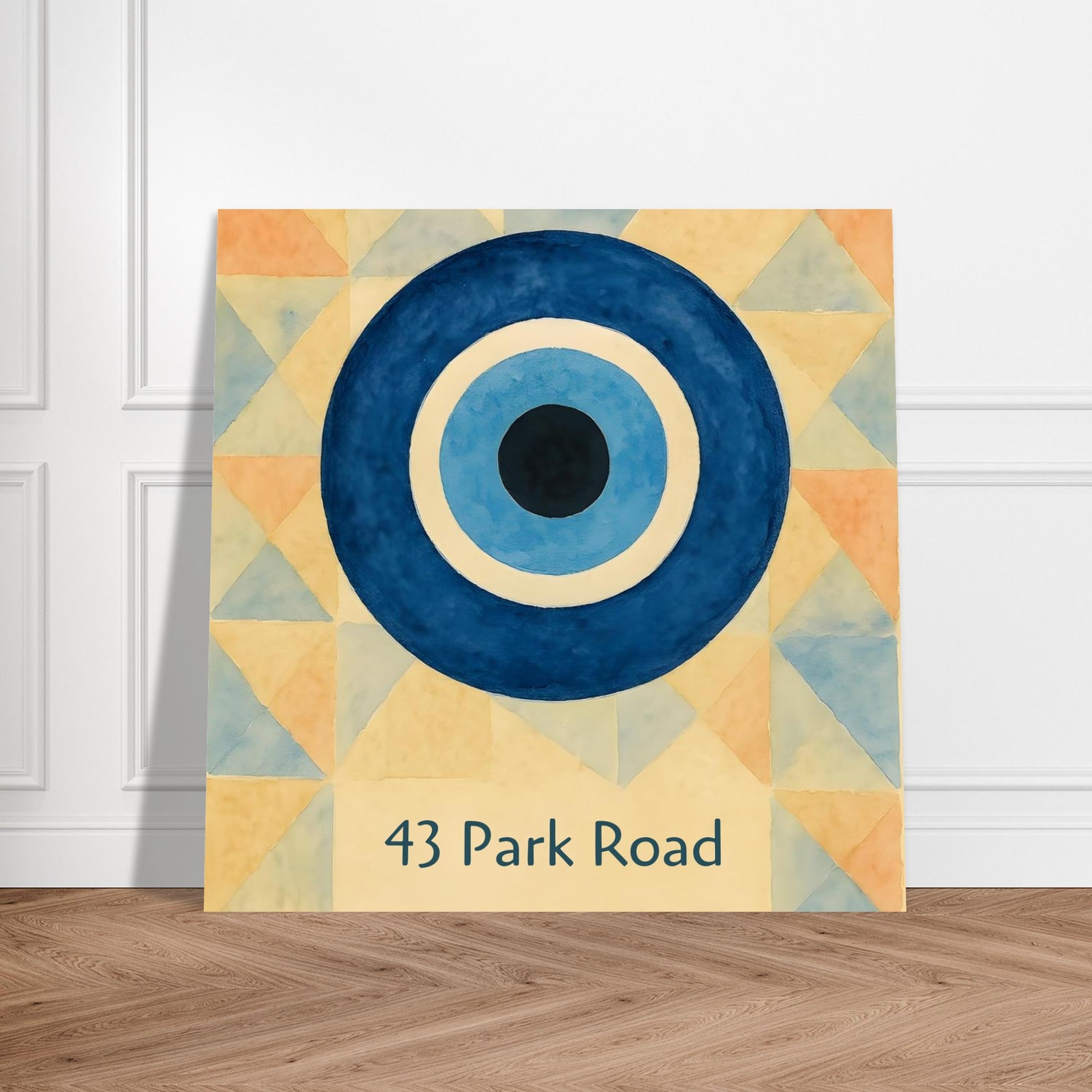 Custom Evil Eye Watercolor Poster | Personalized House Number Print | Geometric Nazar Wall Art, Unframed | ISO A1 A2 A3 A4 Sizes 70x70 cm 28x28″