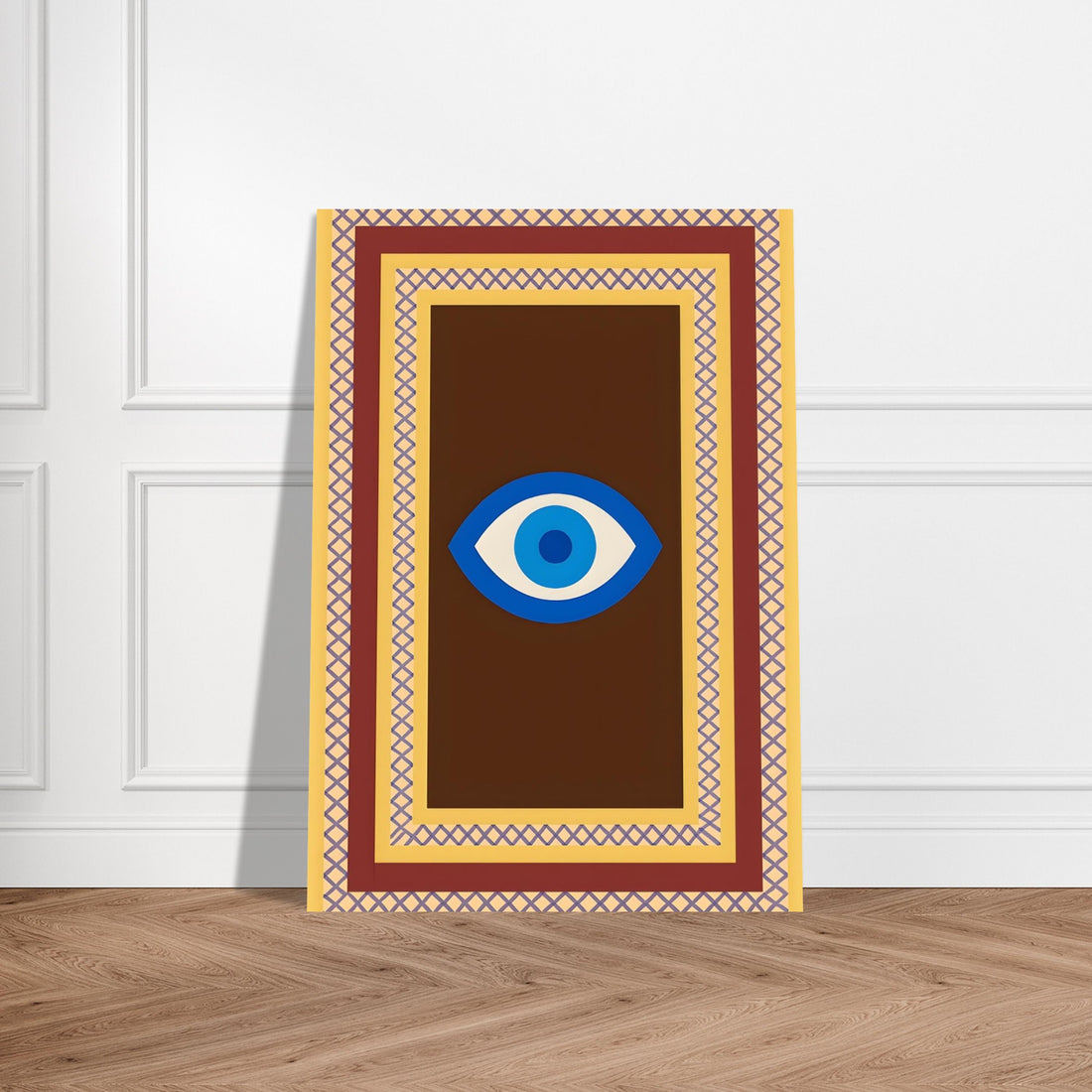 Azure Guardian – Evil Eye Folk Wall Art in Rich Earth Tones (A0, A1,A2, A3. A4 Poster) A1 (59.4 x 84.1 cm) Brown with Blue Eye