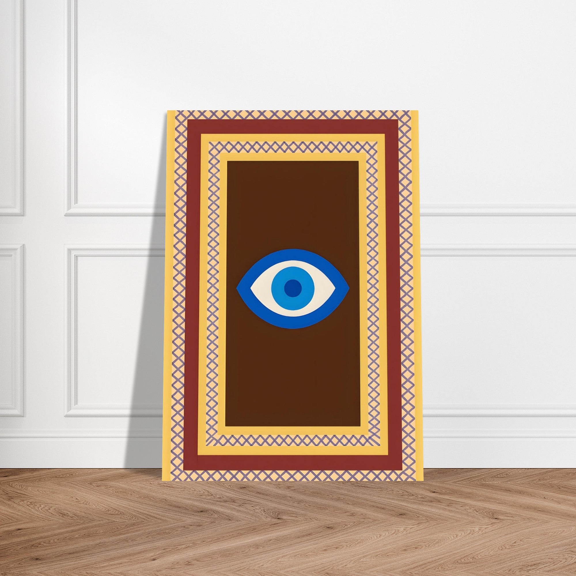 Azure Guardian – Evil Eye Folk Wall Art in Rich Earth Tones (A0, A1,A2, A3. A4 Poster) A1 (59.4 x 84.1 cm) Brown with Blue Eye