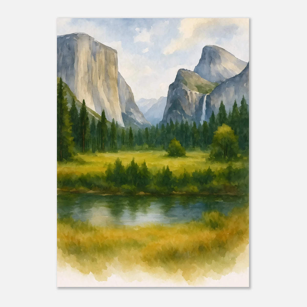 Yosemite Valley California Watercolour Print – Unframed Travel Wall Art, Home Decor 50x70 cm 20x28″