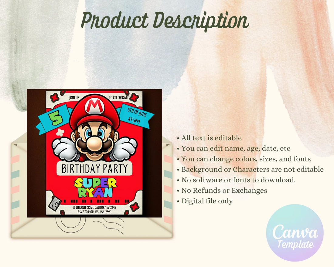 Super Mario Birthday Invitation | Super Mario Bros Instant Download | Boy Birthday Party Invite | Video Game | Printable Birthday Invitation