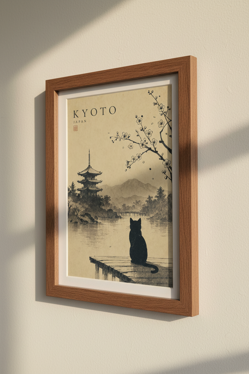 Kyoto Japan Cat Wall Art | Vintage Zen Landscape, Pagoda &amp; Sakura Poster