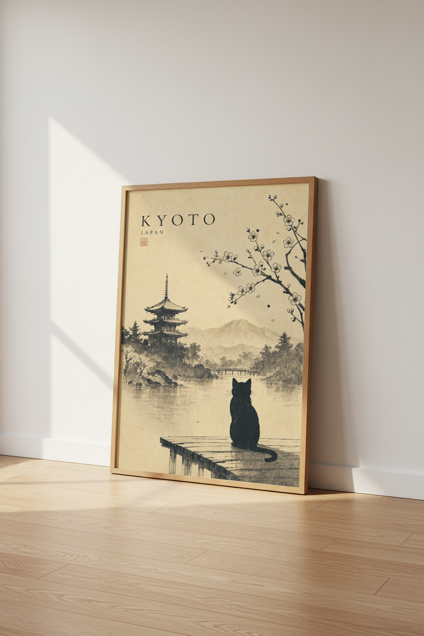Kyoto Japan Cat Wall Art | Vintage Zen Landscape, Pagoda &amp; Sakura Poster