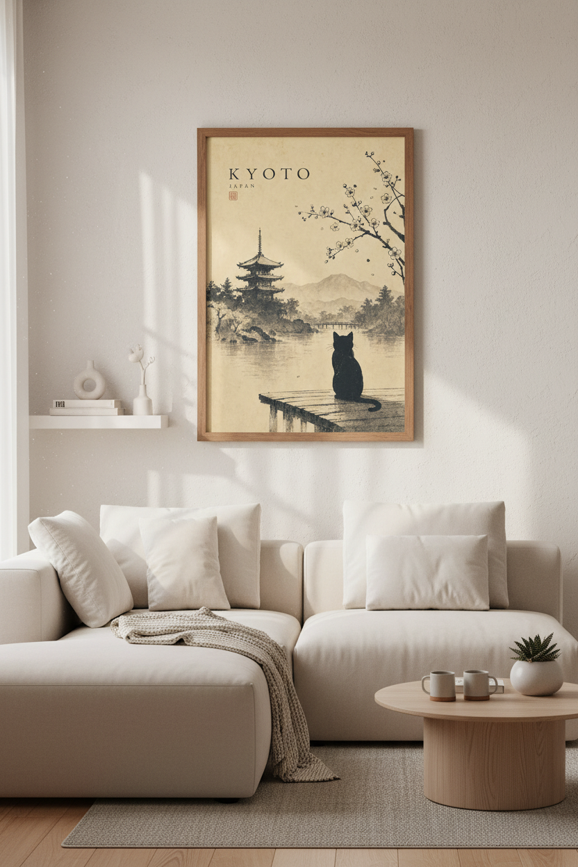 Kyoto Japan Cat Wall Art | Vintage Zen Landscape, Pagoda &amp; Sakura Poster