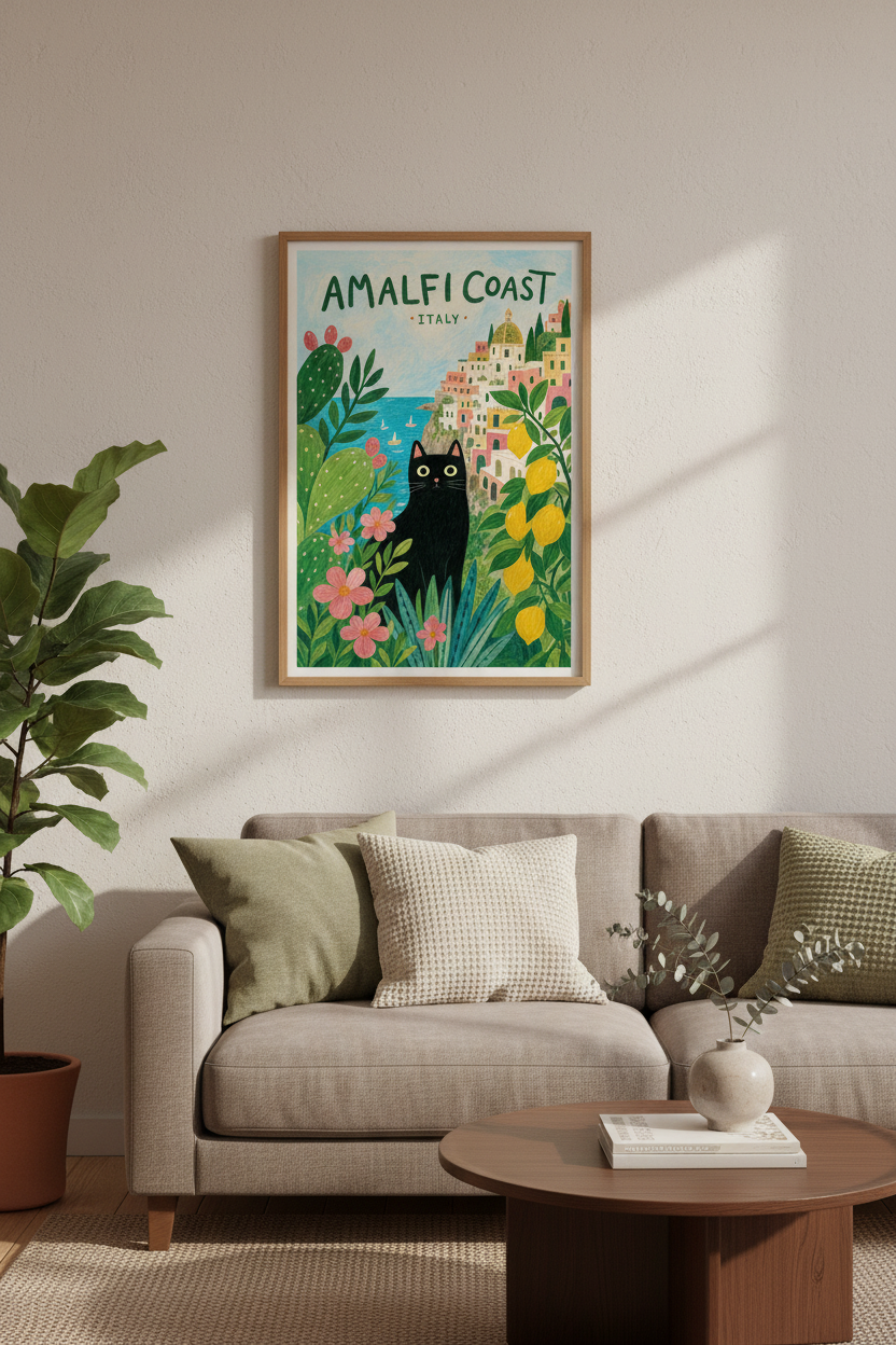 Amalfi Coast Black Cat Wall Art | Italy Travel Decor | Whimsical Illustration Poster