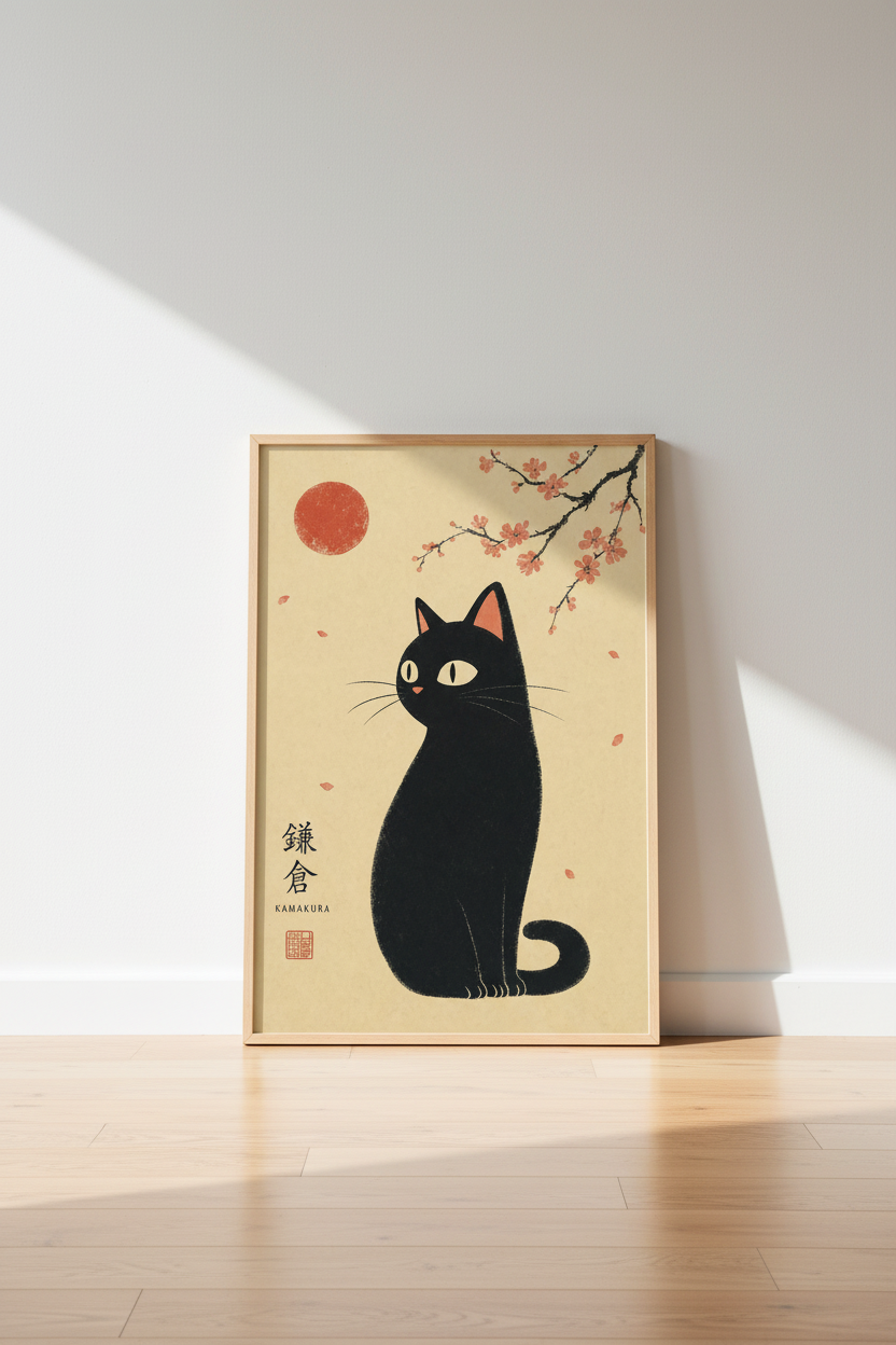 Japanese Black Cat | Cherry Blossom Art, Kamakura Living Room Decor