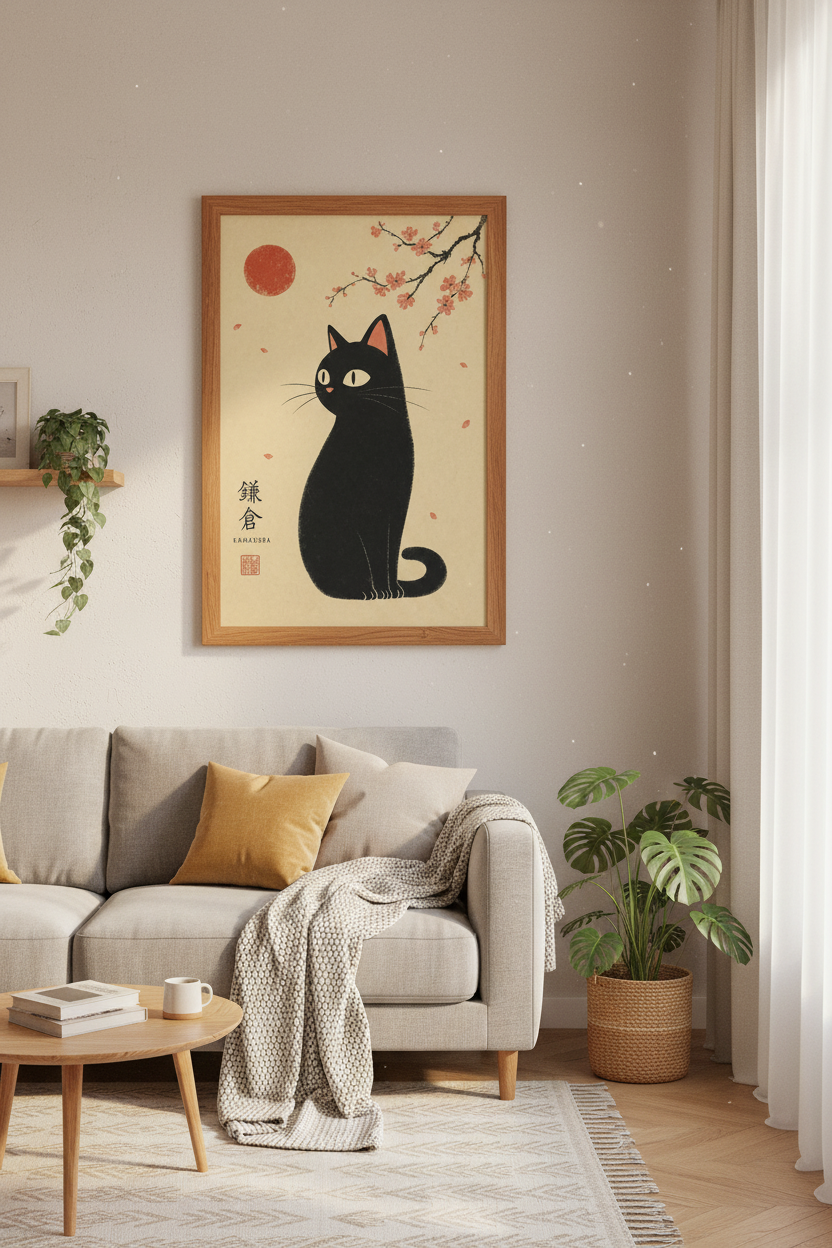 Japanese Black Cat | Cherry Blossom Art, Kamakura Living Room Decor