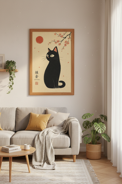 Japanese Black Cat | Cherry Blossom Art, Kamakura Living Room Decor
