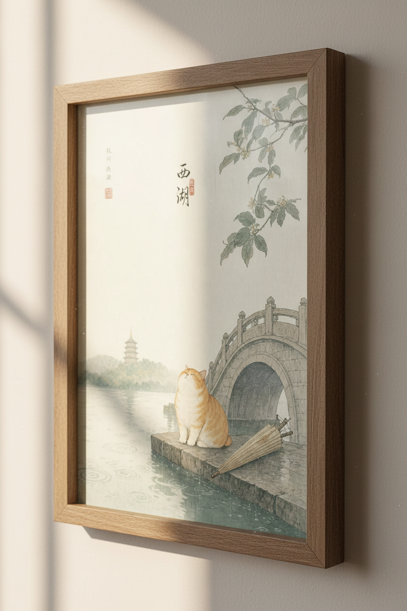 Japanese Style Ginger Cat Wall Art | Zen Landscape Poster, Cozy Home Decor