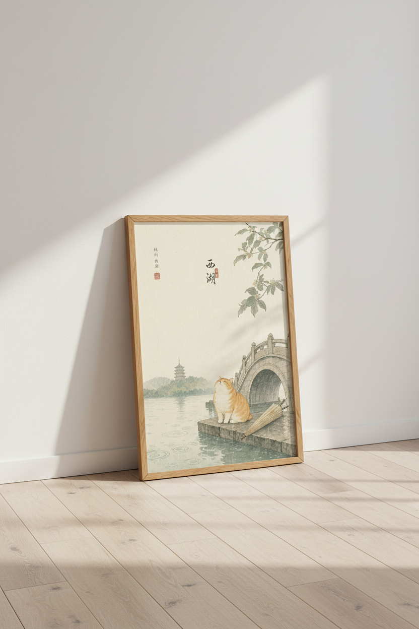 Japanese Style Ginger Cat Wall Art | Zen Landscape Poster, Cozy Home Decor
