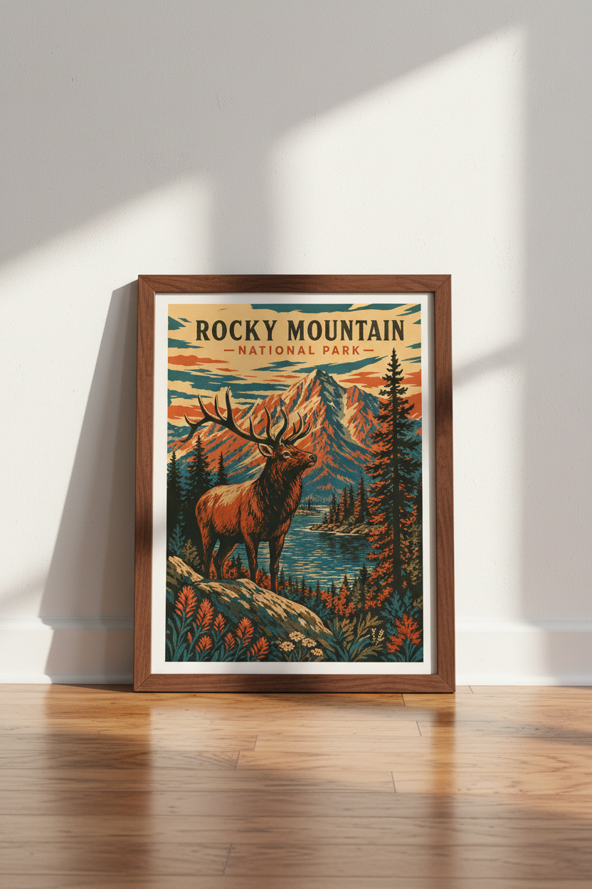 Rocky Mountain National Park Elk Print | Vintage Travel Poster | Rustic Nature Wall Art