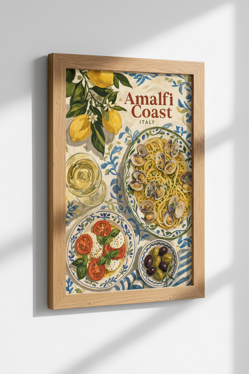 Amalfi Coast Italy Food Wall Art | Pasta &amp; Lemon Kitchen Decor | Mediterranean Poster